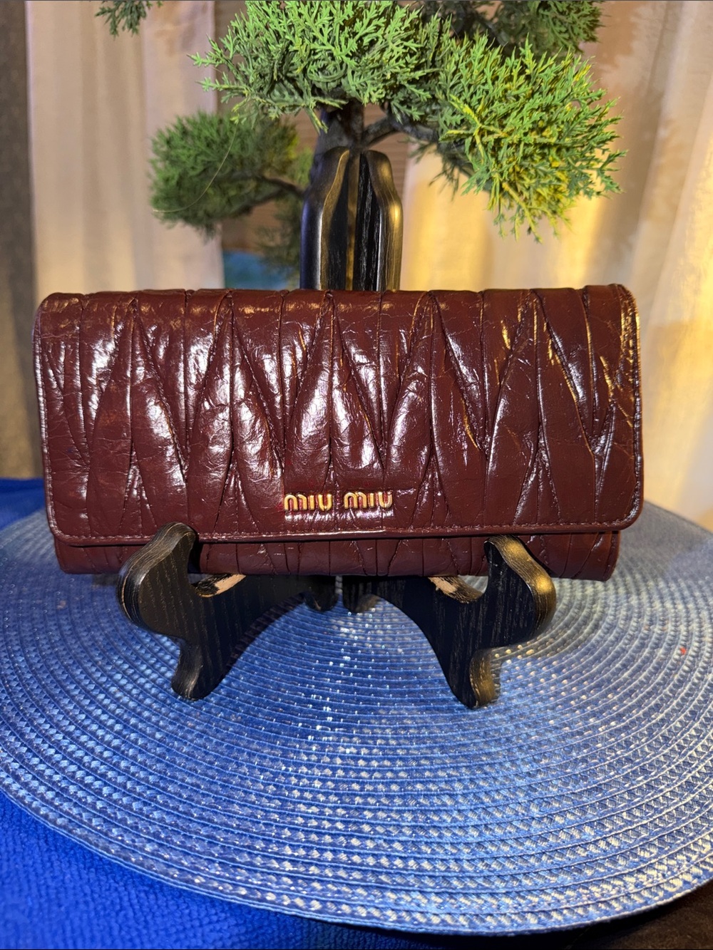 Miu Miu Wine Quilted Leather Continental Wallet with Gold Logo